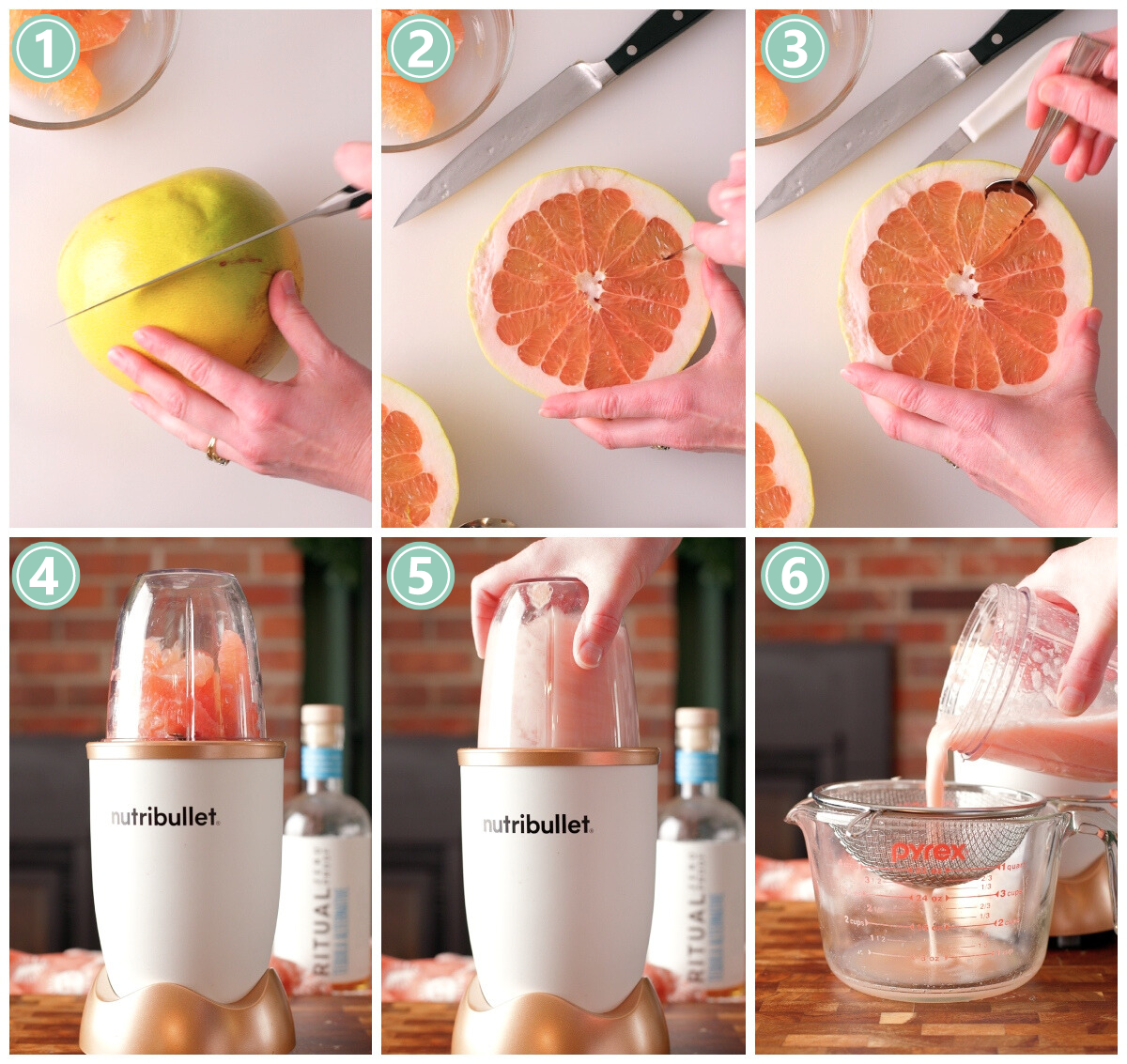 photo collage showing how to make pomelo juice in a blender.