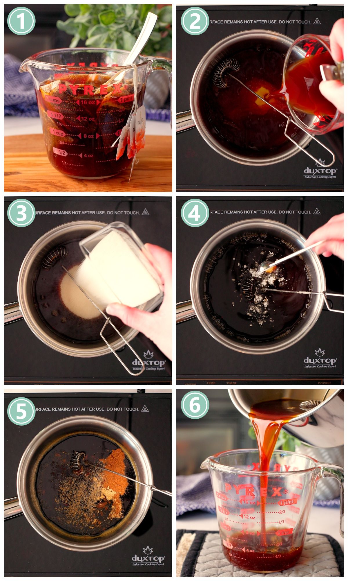 A series of photos showing how to make homemade chai syrup.