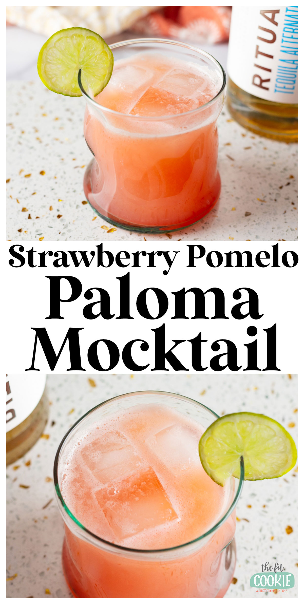 photo collage with text overlay that says "Strawberry pomelo paloma mocktail".