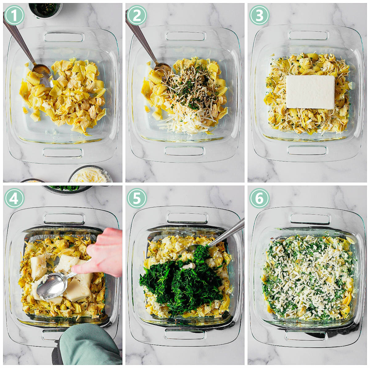 A series of photos showing how to make dairy free spinach artichoke dip.