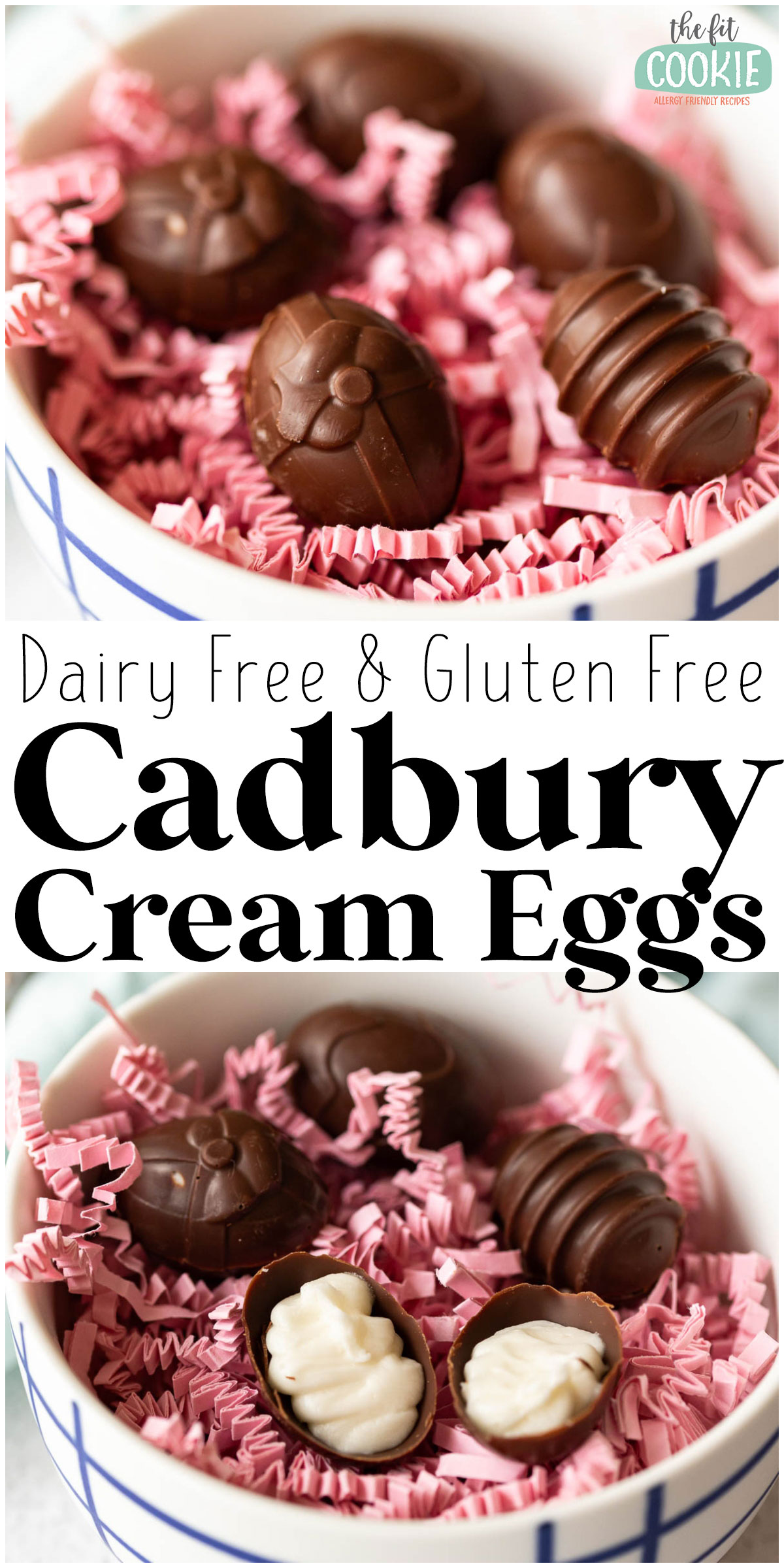 Dairy-free and gluten-free cream eggs on pink shredded paper.
