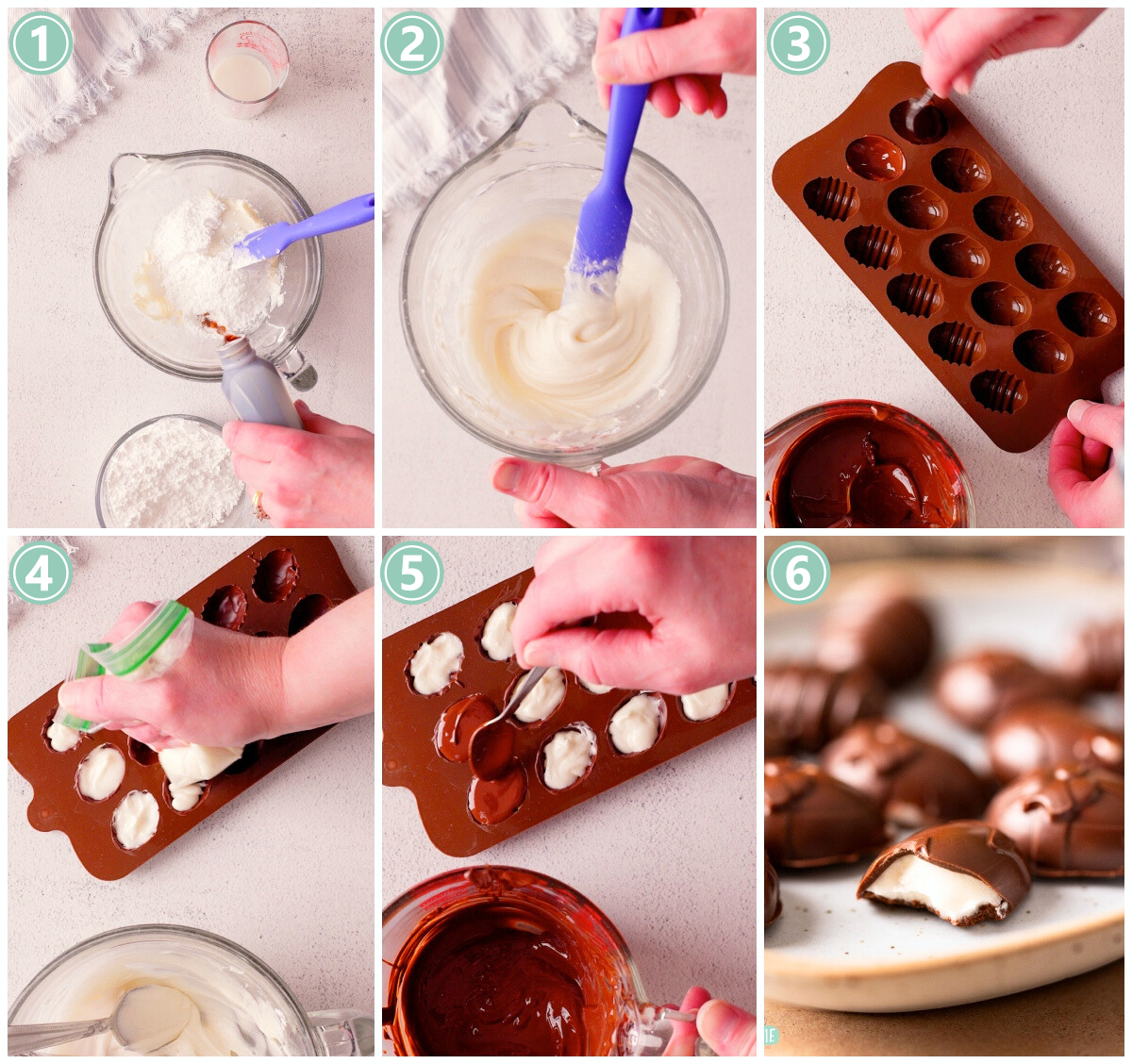Step-by-step process of making cream eggs with a chocolate candy filling.