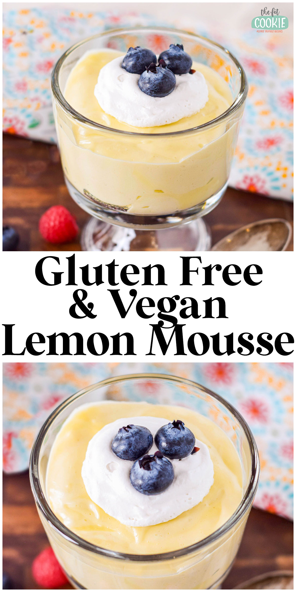 photo collage showing 2 photos of dairy free lemon mousse in a glass dish. 