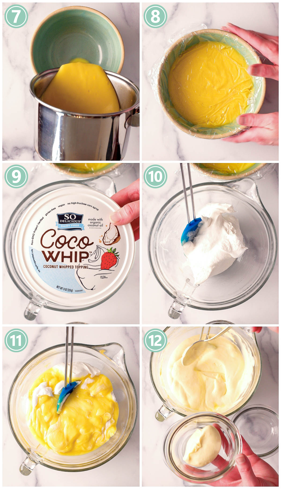 A series of photos showing how to make lemon mousse without tofu. 