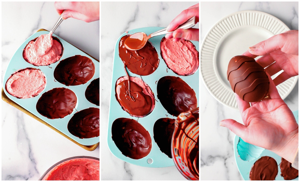 Step-by-step process of making homemade chocolate-covered strawberry cream eggs.