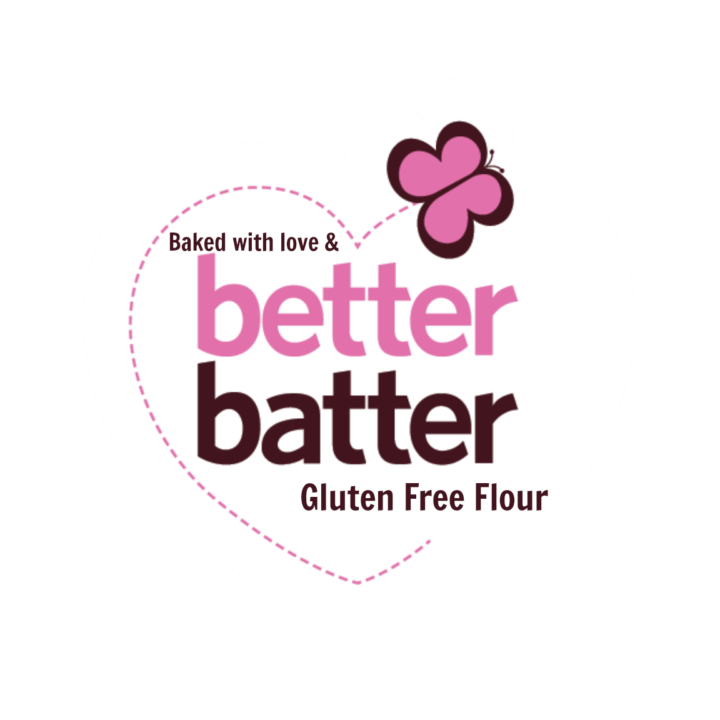 A heart-shaped label for "better batter gluten free flour" with the slogan "baked with love & discounts.