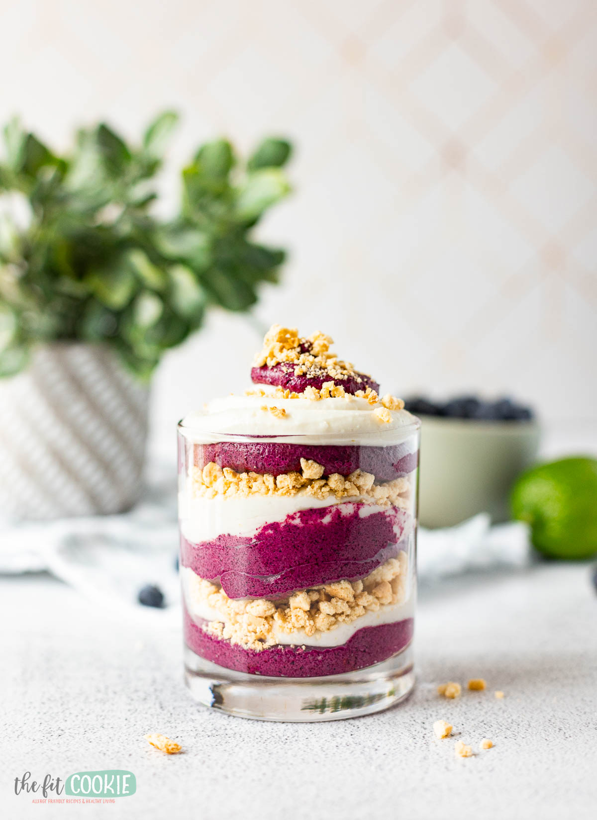 layered dessert in a glass made with blueberry mousse and lime pie filling. 