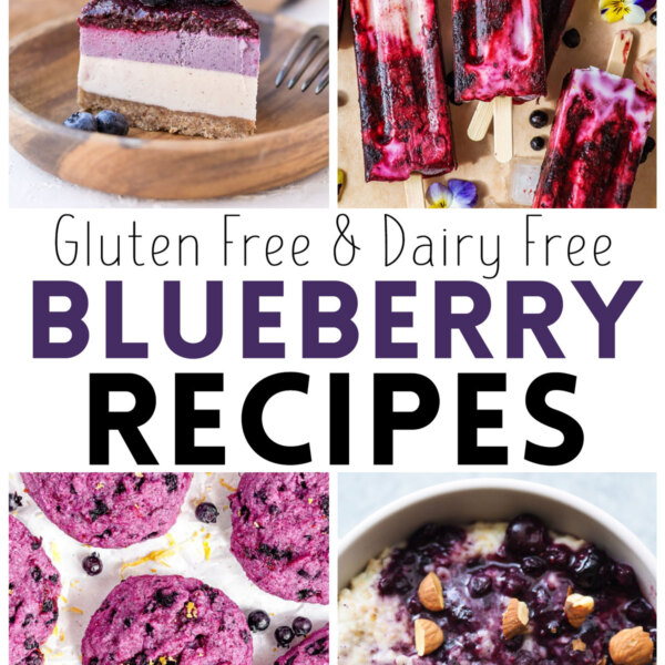Collage of blueberry recipes, featuring gluten-free and dairy-free blueberry cheesecake, ice pops, muffins, and porridge.