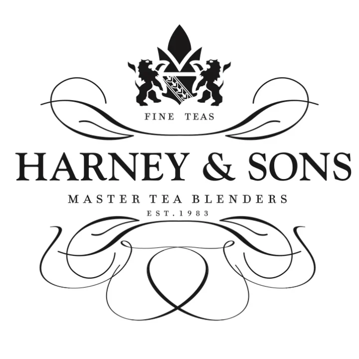 Logo of Harney & Sons Fine Teas featuring elegant typography and a heraldic-style emblem with a teapot, lions, and discounts.