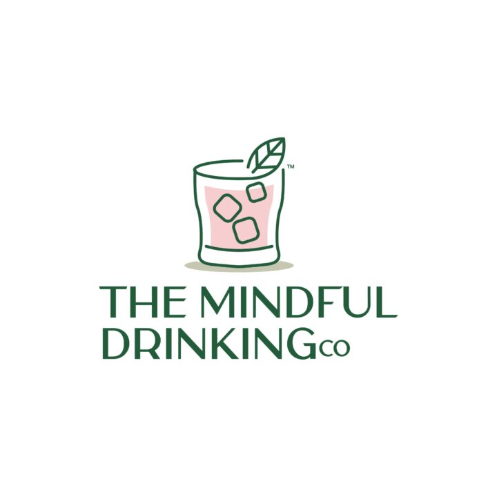Logo of The Mindful Drinking Co. featuring a glass with a pink drink, ice cubes, and a leaf garnish above the company name.
