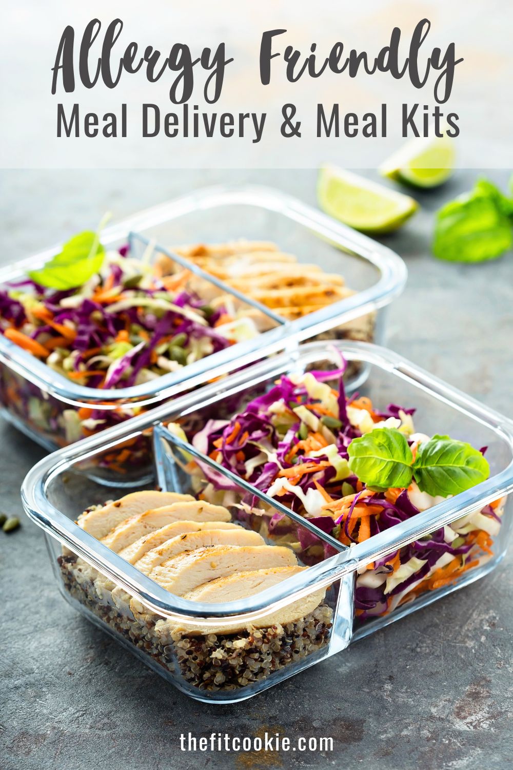 Two glass meal prep containers filled with sliced chicken and other food.