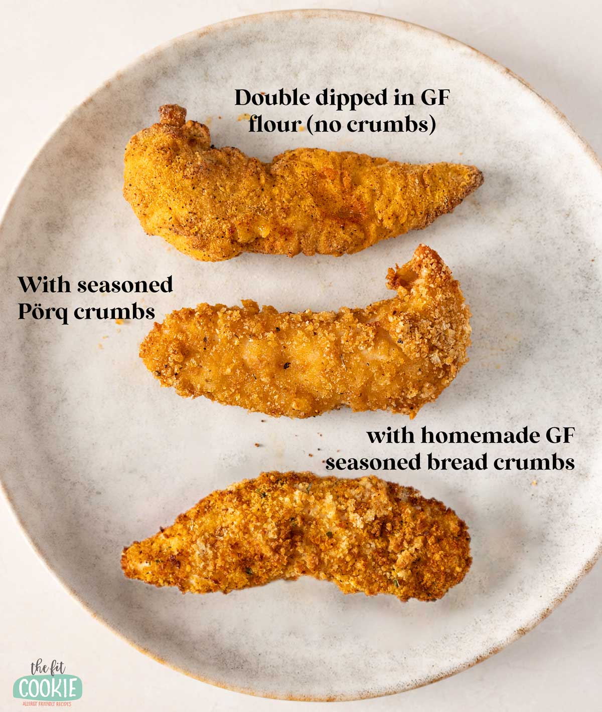 Three types of gluten free chicken tenders on a plate with labels for each.