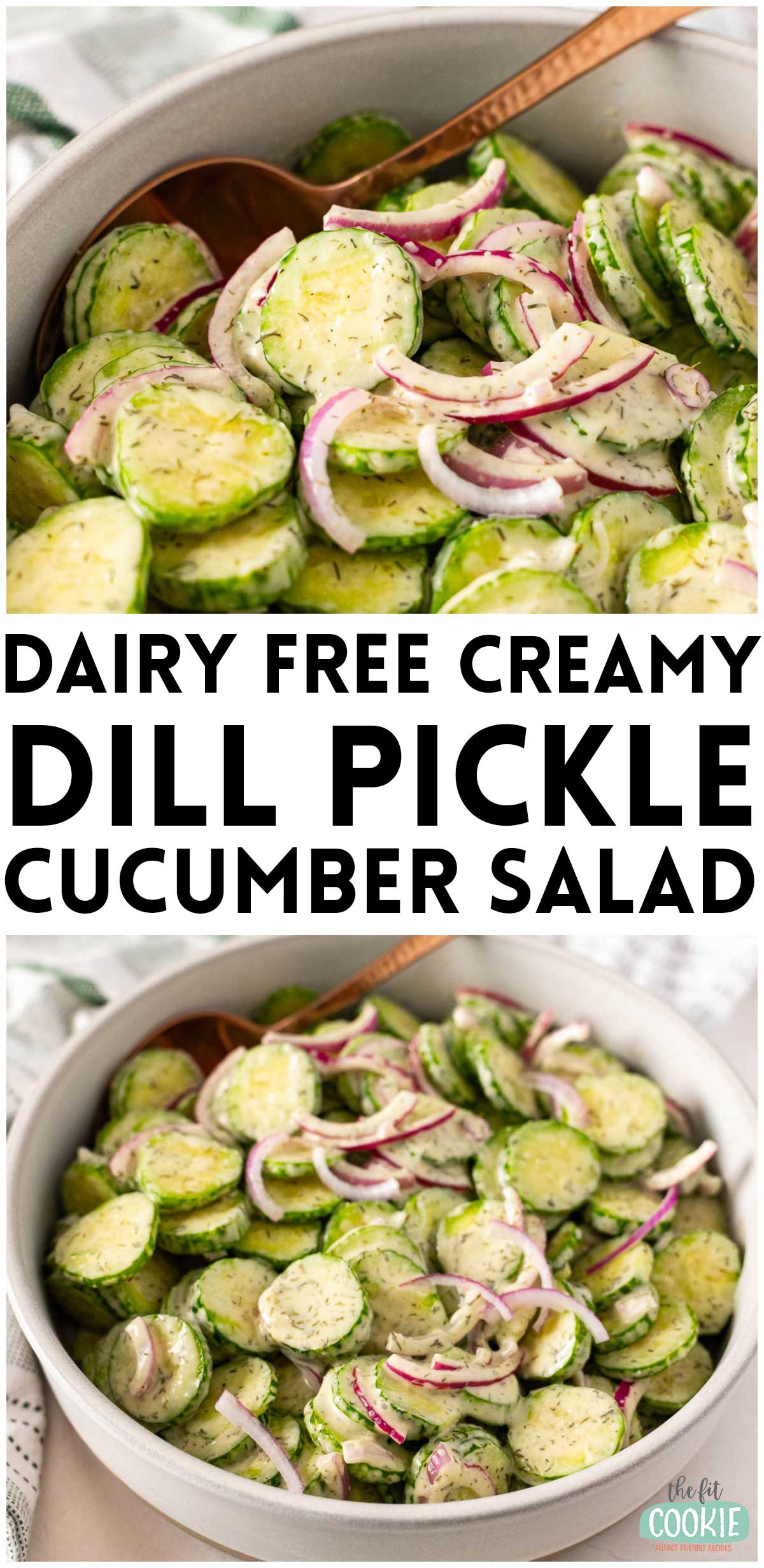 A bowl of creamy cucumber salad features sliced cucumbers, red onions, and dill, all tossed in a light dairy-free dressing for a refreshing twist on classic cucumber salad.