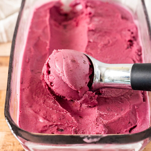 A metal ice cream scoop in a glass container holds dairy free huckleberry ice cream, with some of the rich, dark purple treat already scooped out.