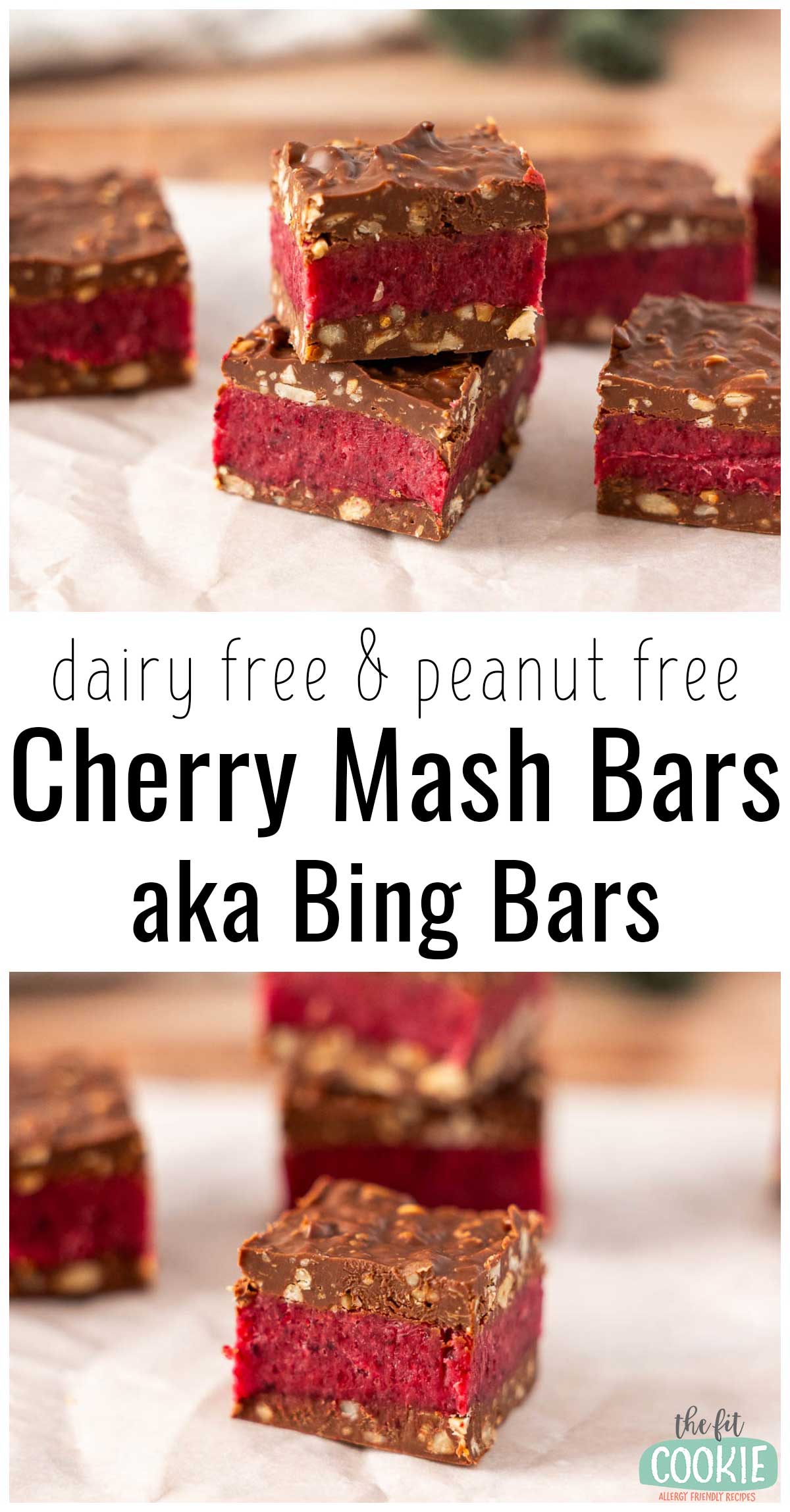 photo collage showing several peanut free cherry mash bars on parchment paper.