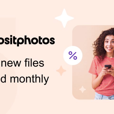 A smiling woman holding a phone stands next to text promoting Depositphotos, stating "5M+ new files added monthly" with various graphic icons around her.