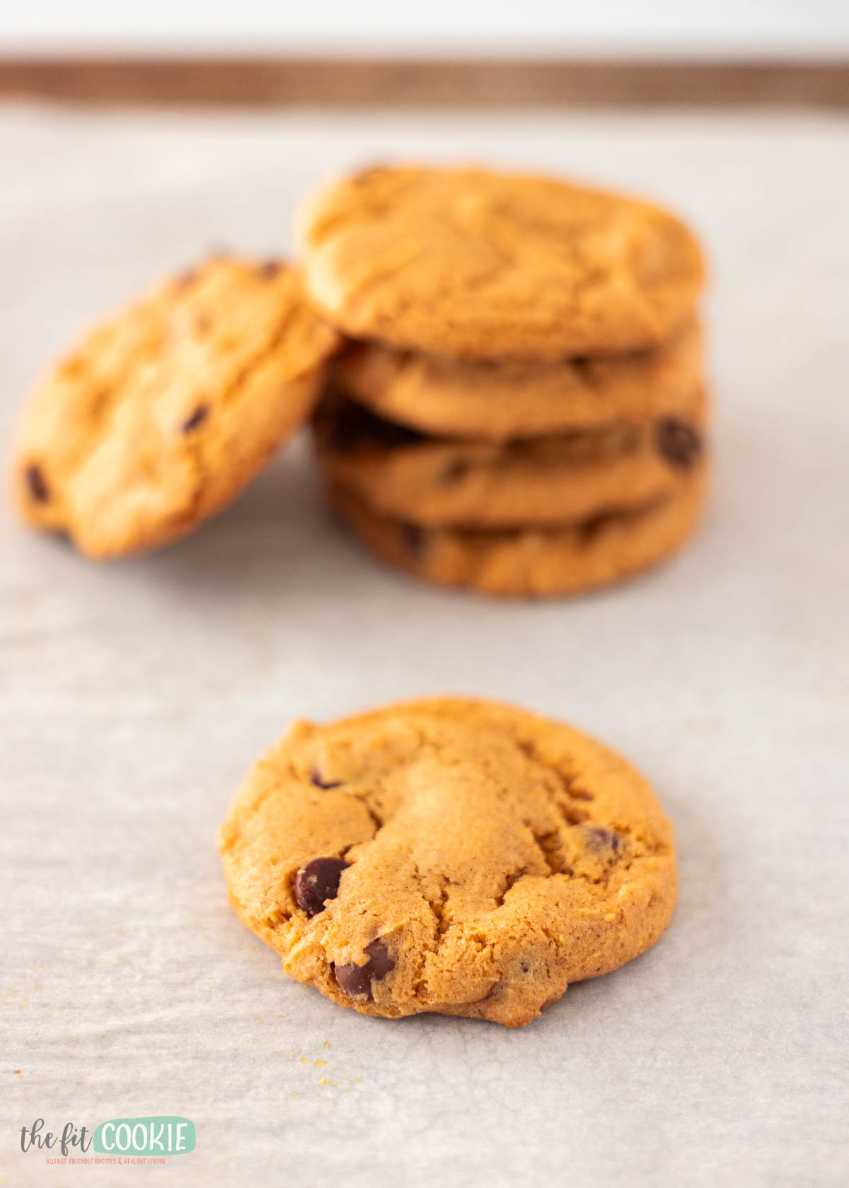 A stack of pumpkin chocolate chip cookies sits on parchment paper, with one cookie placed in the foreground.