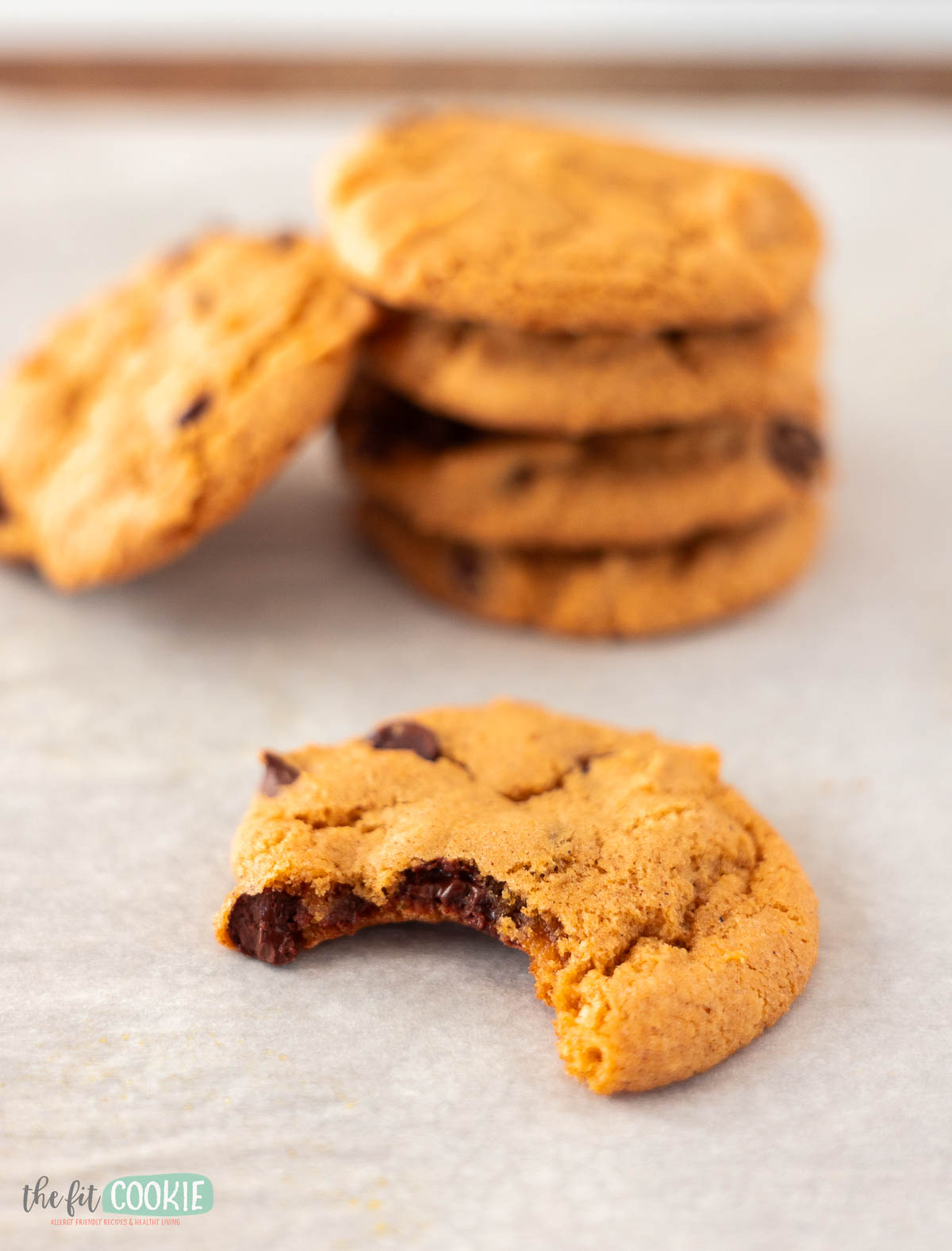A bitten Pumpkin Chocolate Chip Cookie sits in front of a small stack of whole gluten free chocolate chip cookies on parchment paper.