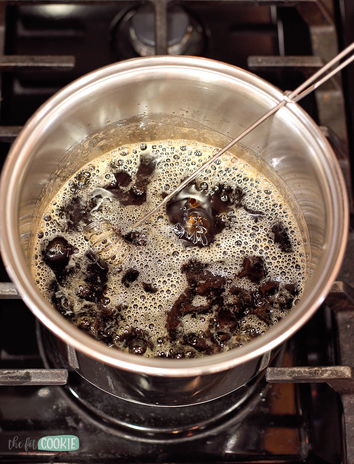brown sugar syrup simmering in a small saucepan.