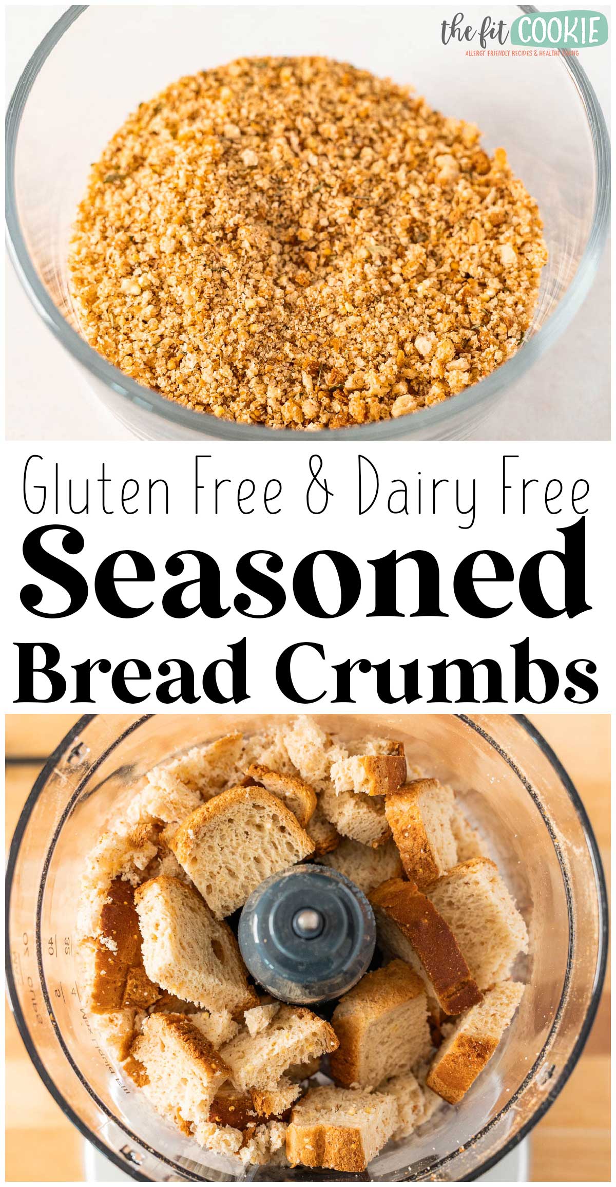 photo collage showing 2 photos of homemade gluten free bread crumbs with text.