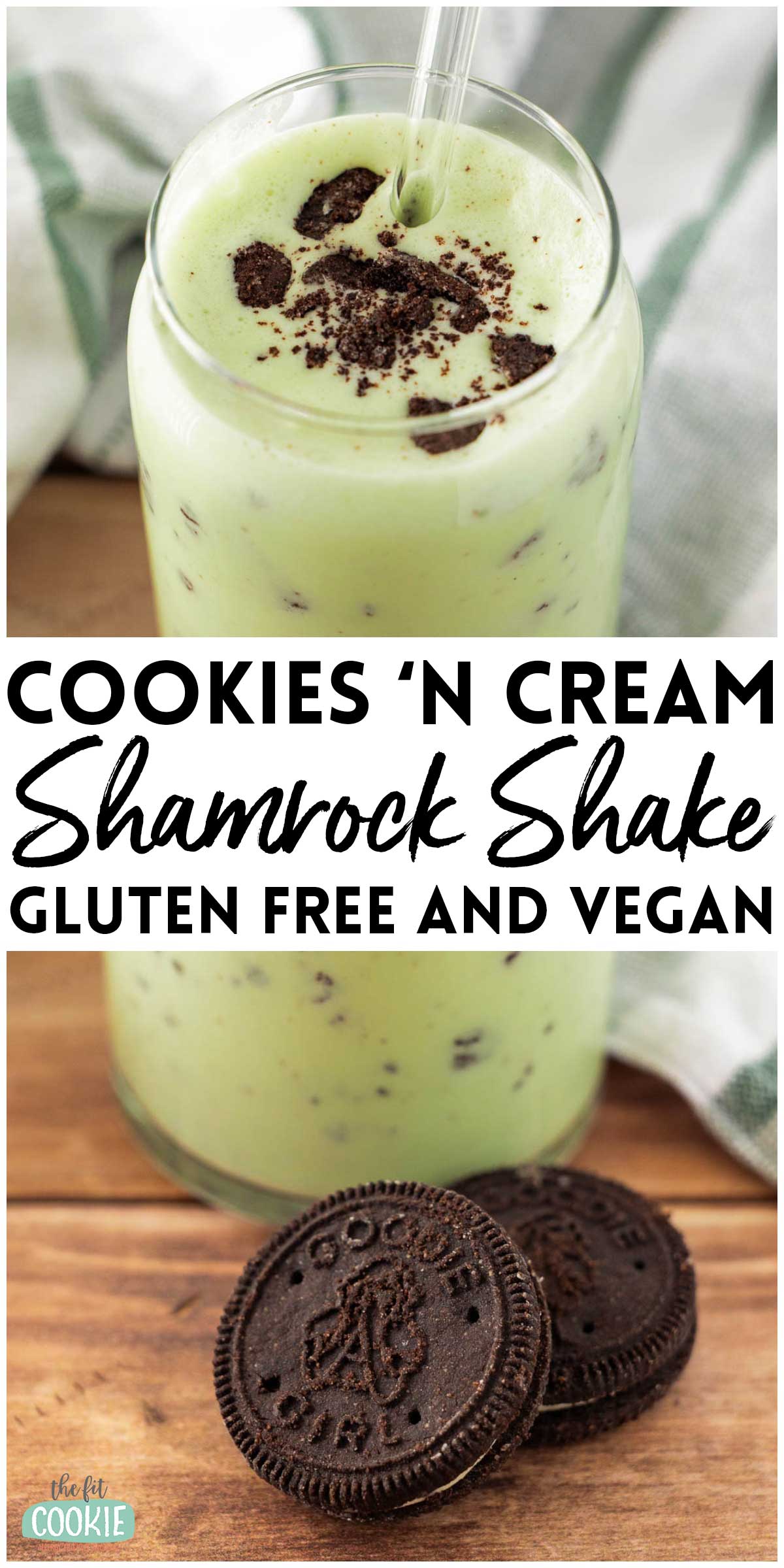 photo collage of dairy free cookies 'n cream mint milkshake (aka dairy free oreo shamrock shake). 