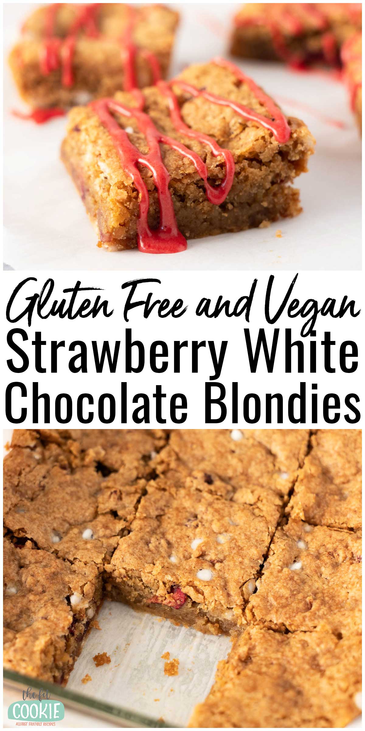 Close-up of gluten-free, vegan strawberry blondies topped with a drizzle of pink icing.