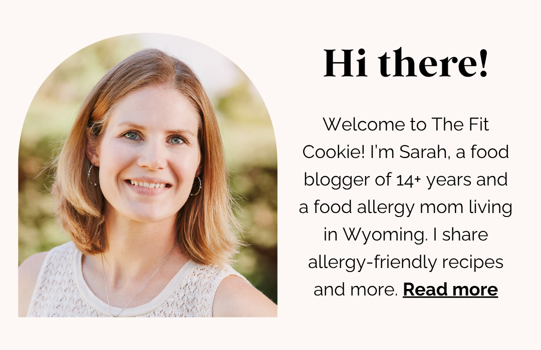 A smiling woman with shoulder-length blonde hair is introduced as Sarah, a Wyoming-based food blogger focusing on allergy-friendly recipes, next to a welcome message.