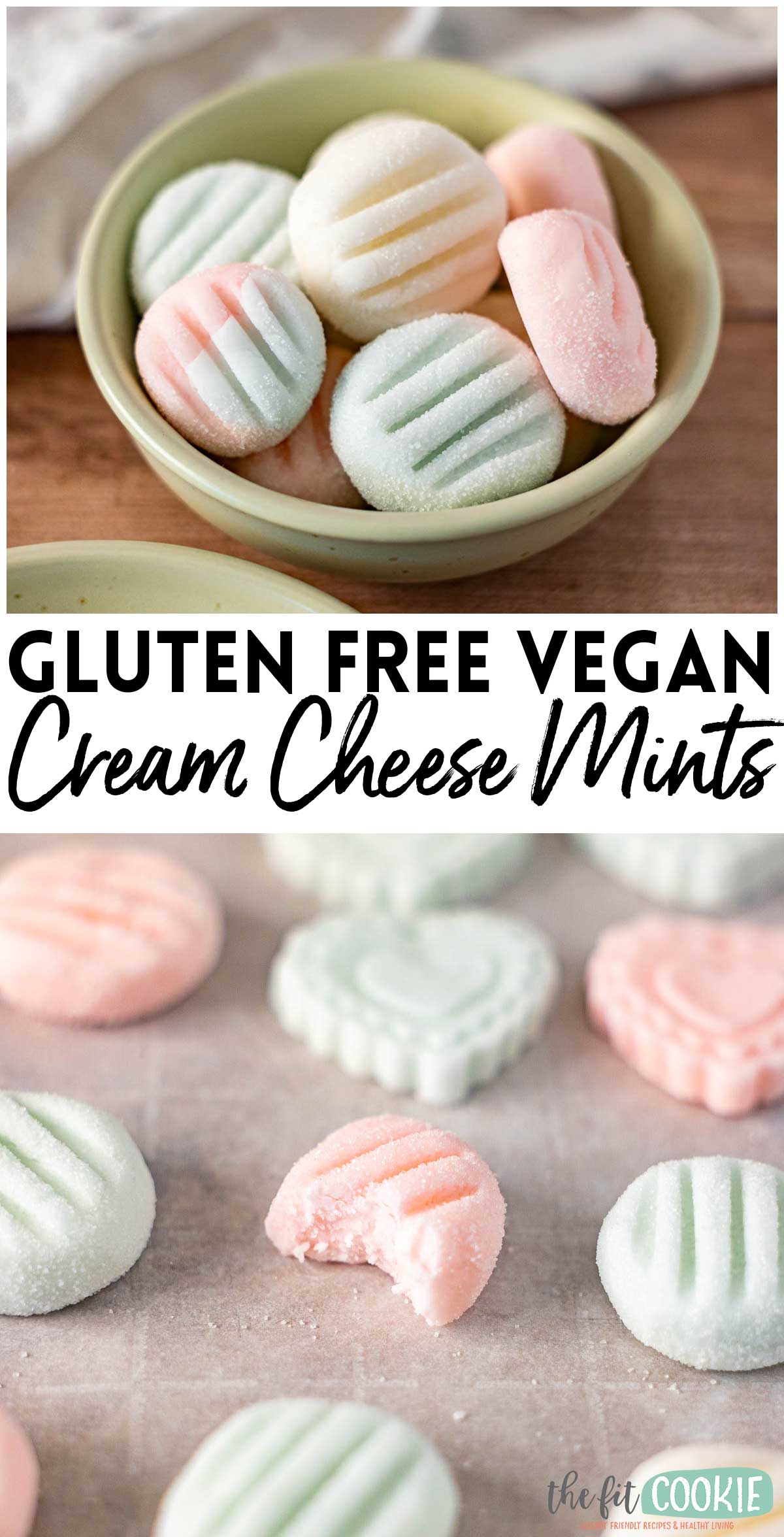A small bowl and tray with pastel pink and green Dairy Free Cream Cheese Mints.