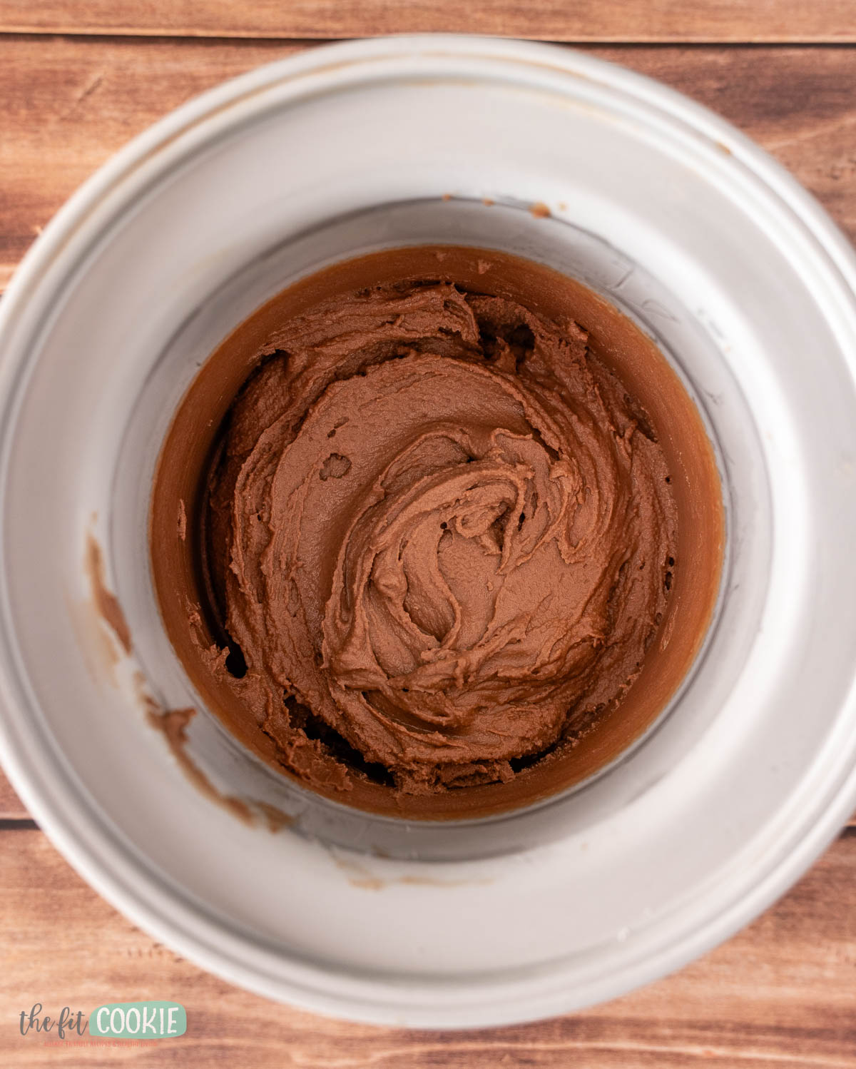 Sugar Free, Dairy Free Chocolate Ice Cream, soft serve consistency, in an ice cream maker bowl.