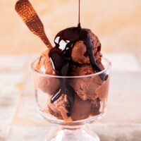 A glass dish filled with scoops of dairy free chocolate ice cream, topped with rich chocolate syrup, with a spoon placed inside.