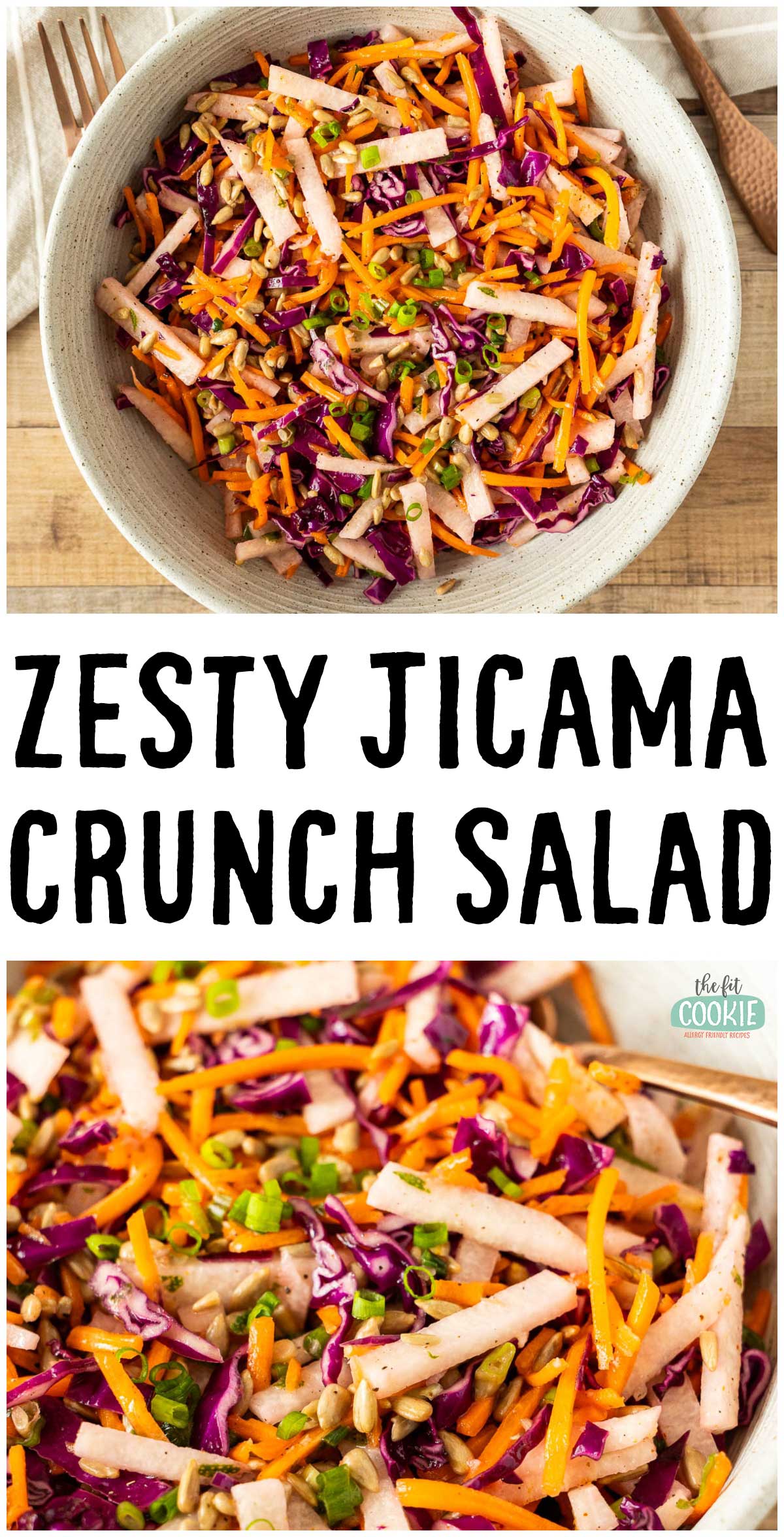 A bowl of zesty jicama salad with shredded jicama, carrots, red cabbage, green onions, and sunflower seeds. Text overlay reads "Zesty Jicama Crunch Salad.