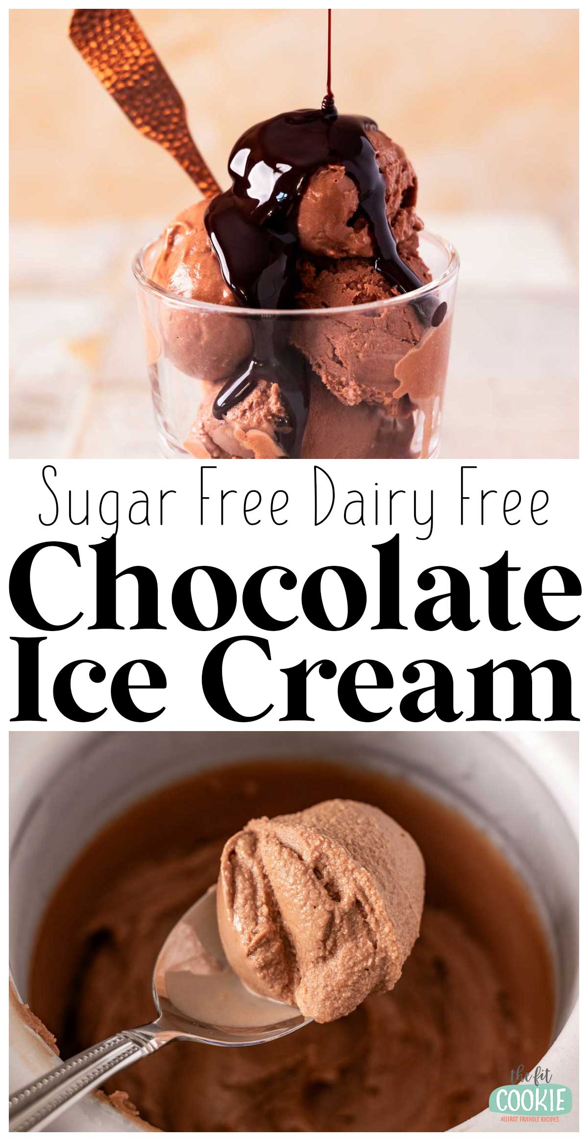 Glass of rich Chocolate Ice Cream with chocolate sauce on top, and a close-up of a spoonful in a bowl. Text reads: "Sugar Free Dairy Free Chocolate Ice Cream."