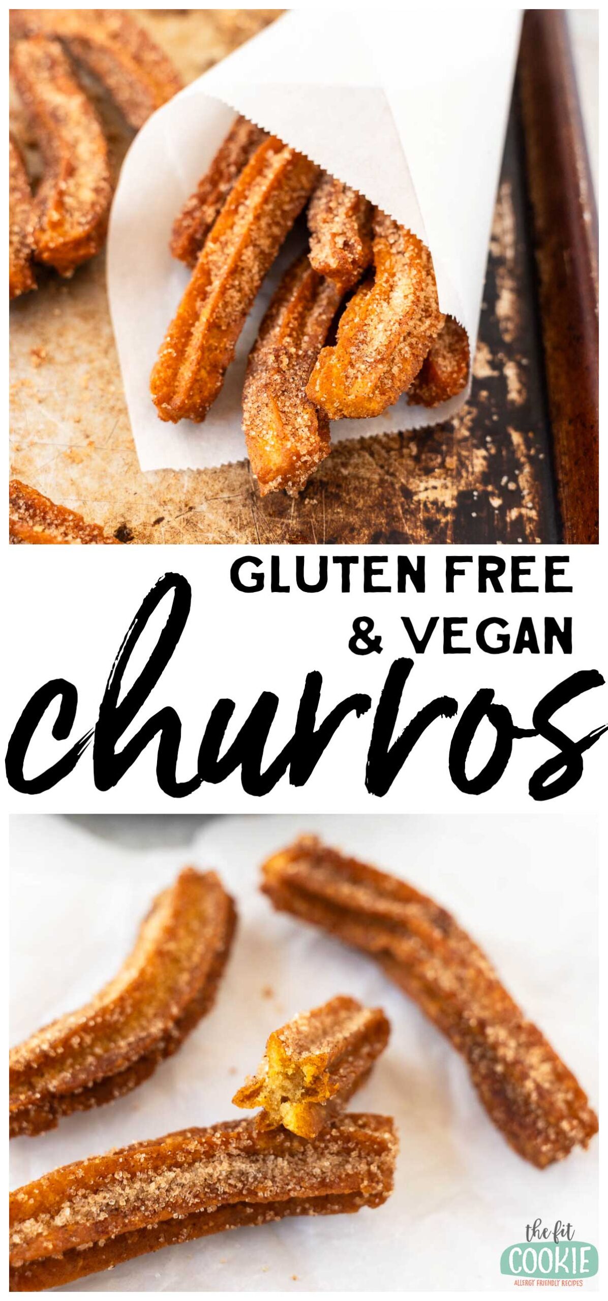Churros coated in cinnamon sugar are displayed in a parchment paper cone and on a cookie sheet pan. Text reads "Gluten Free & Vegan Churros."
