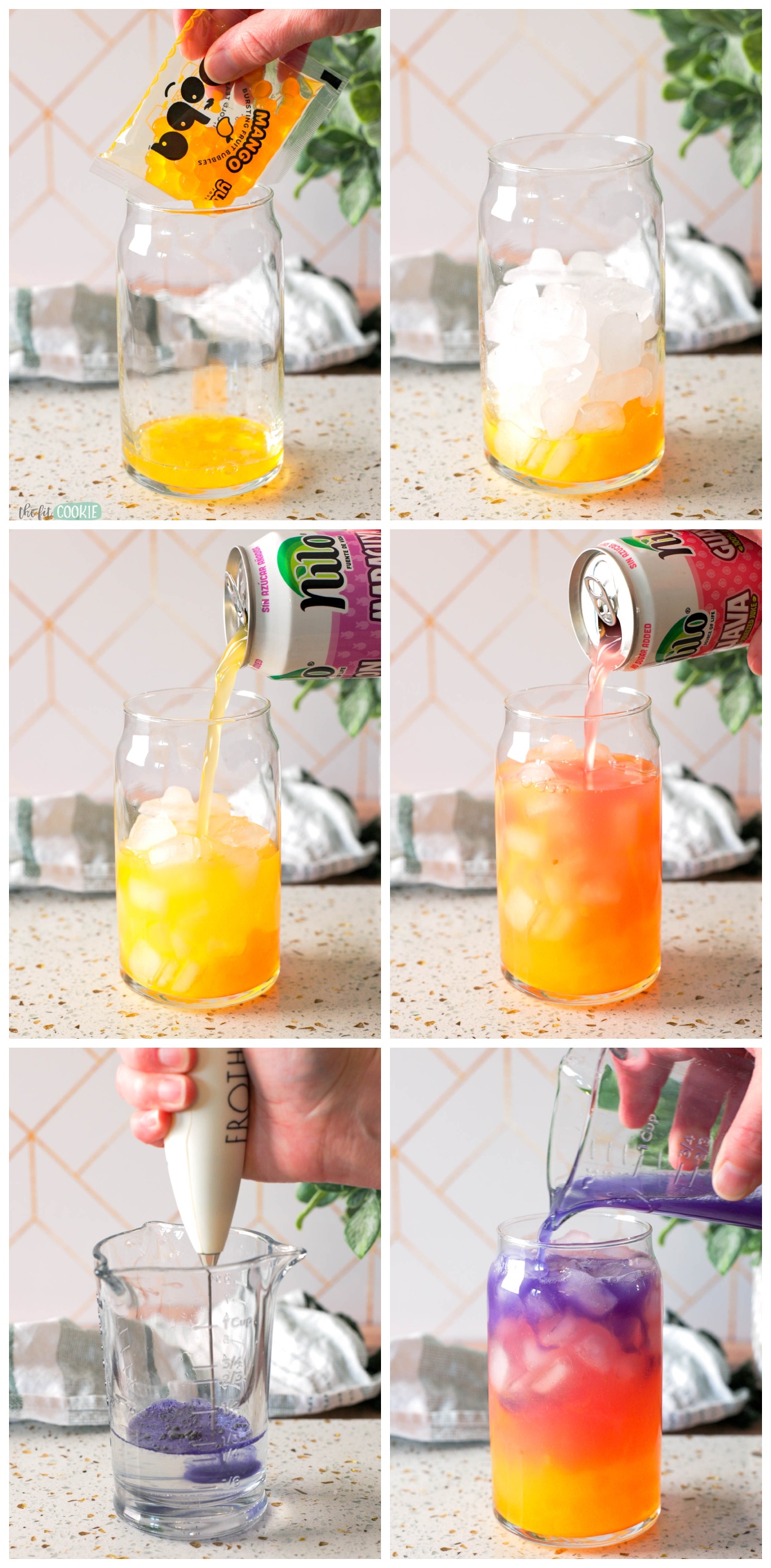 A step-by-step process of making a colorful starbucks copycat Tropical Butterfly Drink in a glass.