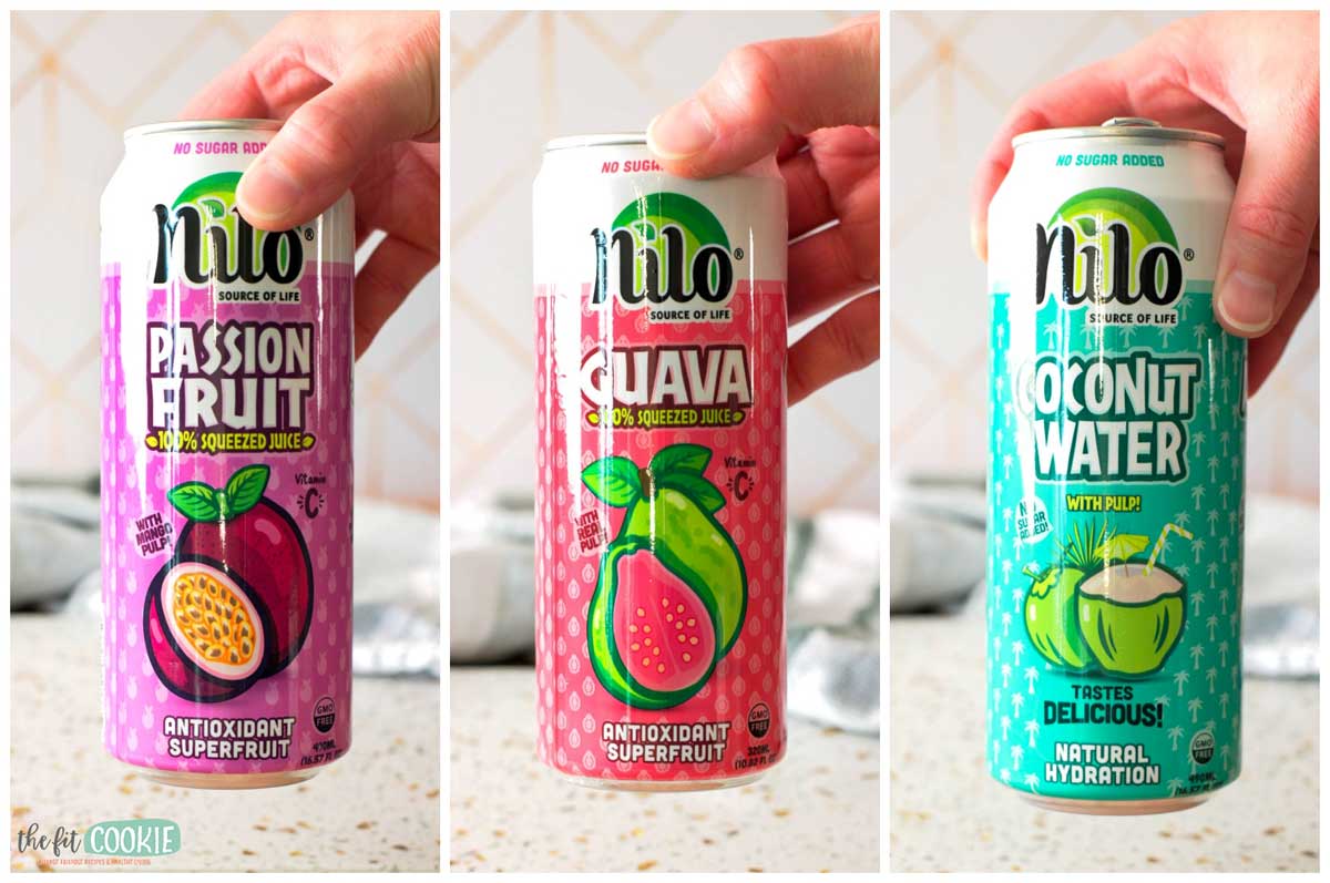 Three cans of Nilo juices are shown: Passion Fruit, Guava, and Coconut Water.