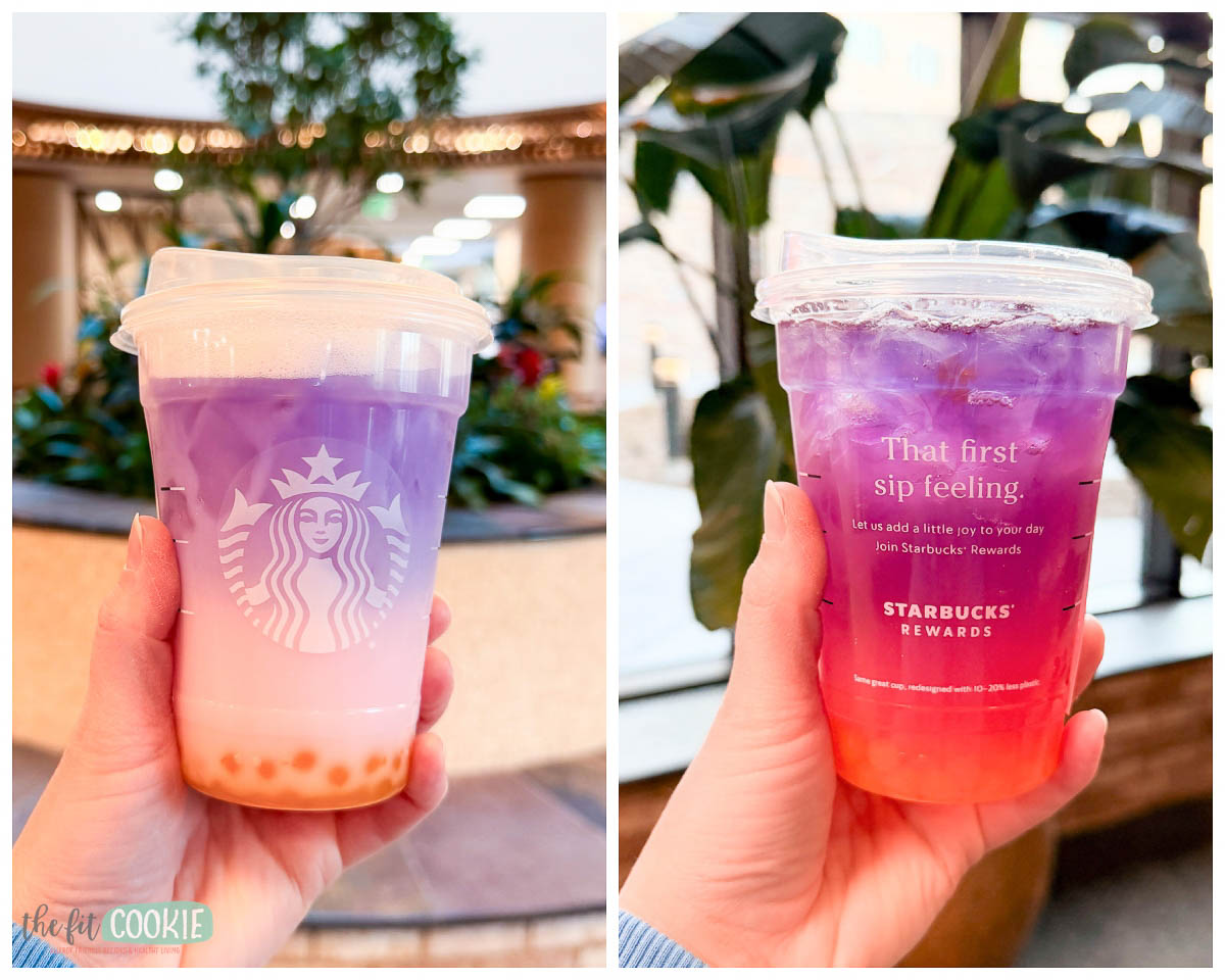 Two hands hold 2 different versions of colorful Starbucks tropical butterfly refreshers. 