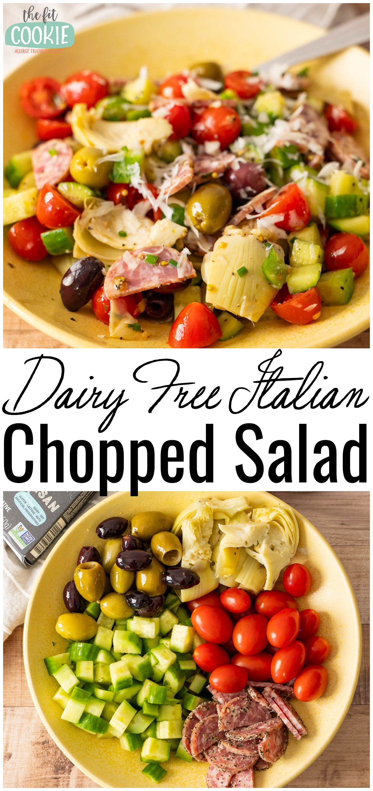 Two images show an Easy italian Salad featuring chopped cucumbers, cherry tomatoes, olives, artichoke hearts, peppers, and salami on a yellow plate. Text reads: “Dairy Free Italian Chopped Salad.”.