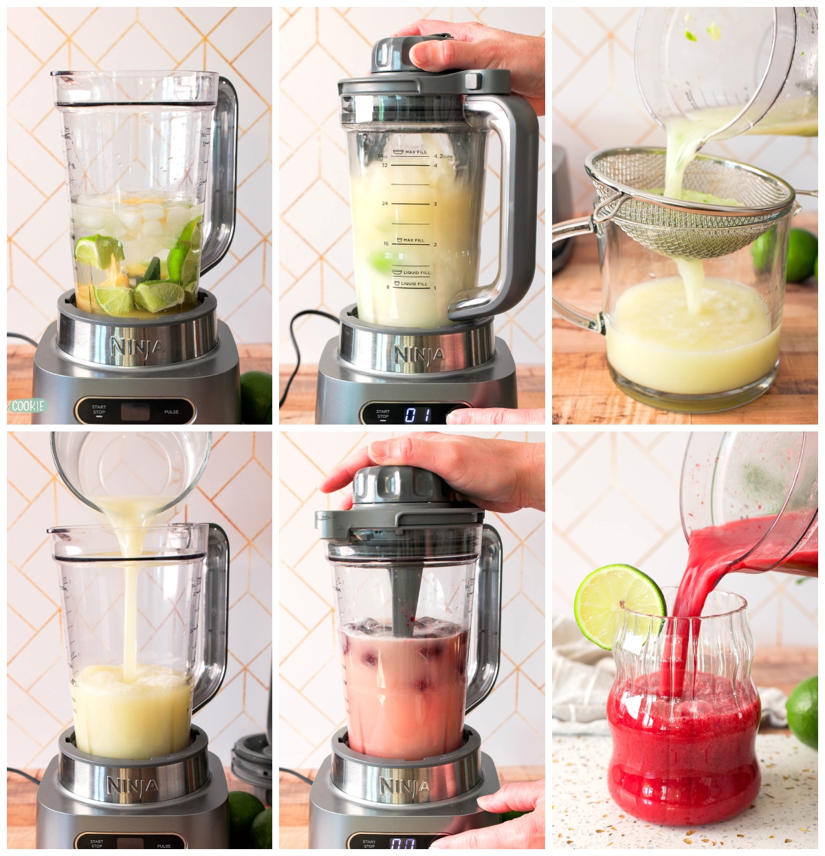 A step-by-step collage showing how to make dairy free cherry Brazilian Lemonade in a blender with frozen cherries. 