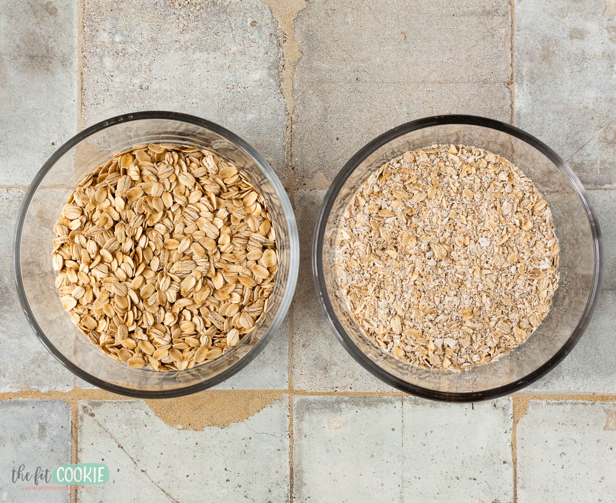 2 small glass bowls with oats inside, old fashioned oats on the left and ground oats on the right.