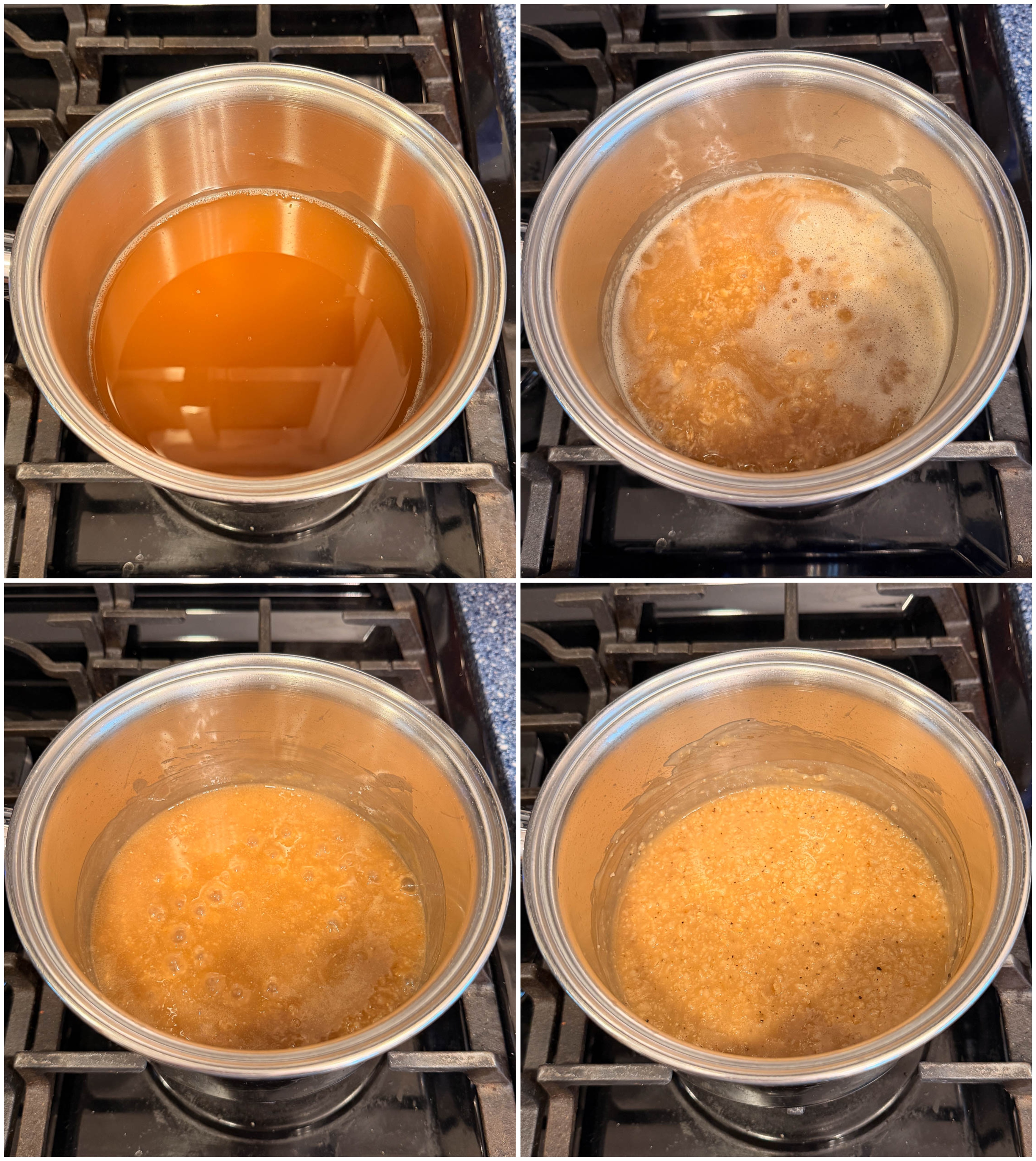 photo collage showing steps to make savory protein oatmeal with bone broth.